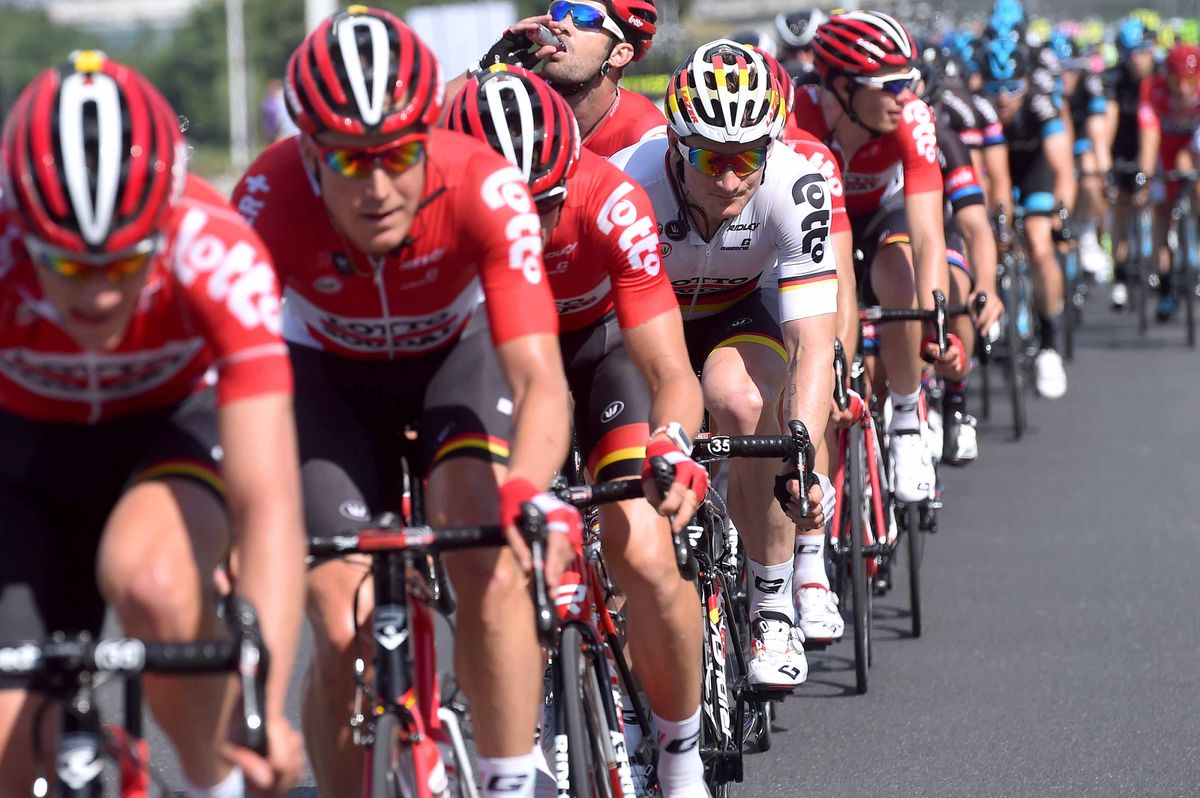 Andr&eacute; Greipel stays safe in the Lotto train
