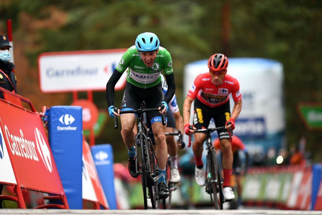 VINUESA SPAIN OCTOBER 22 sArrival Daniel Martin of Ireland and Team Israel StartUp Nation Green Points Jersey Richard Carapaz of Ecuador and Team INEOS Grenadiers Polka Dot Mountain Jersey Primoz Roglic of Slovenia and Team Jumbo Visma Red Leader Jersey during the 75th Tour of Spain 2020 Stage 3 a 1661km stage from Lodosa to La Laguna Negra Vinuesa 1735m lavuelta LaVuelta20 La Vuelta on October 22 2020 in Vinuesa Spain Photo by David RamosGetty Images