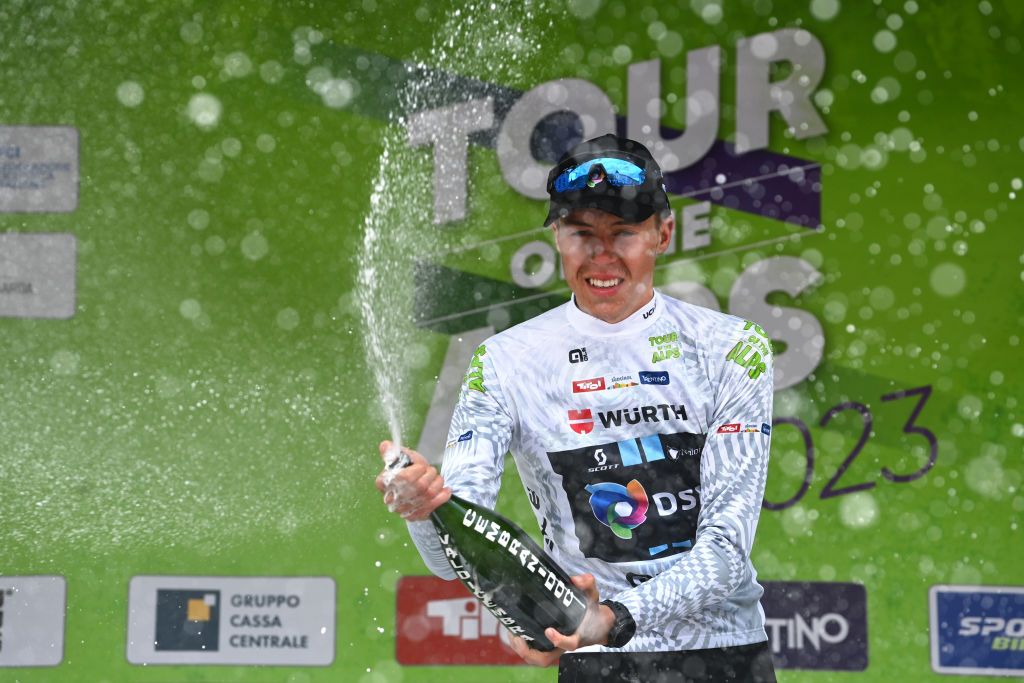 BRUNICO ITALY APRIL 21 Max Poole of United Kingdom and Team DSM White Best Young Rider Jersey celebrates at podium during the 46th Tour of the Alps 2023 Stage 5 a 1445km stage from Cavalese to Brunico on April 21 2023 in Brunico Italy Photo by Tim de WaeleGetty Images