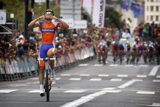 After a perfectly timed attack late in the race, Luis Leon Sanchez (Rabobank) has a moment to savor his San Sebastian victory.