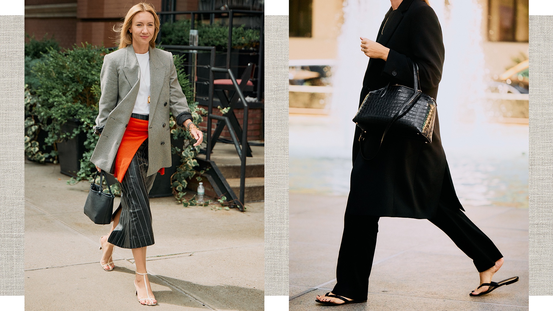 fashion collage with a linen texture background featuring two rich-looking street style outfits with pieces like a blazer, a sweater around the waist, a pinstripe skirt, strappy white sandals, a black coat, black pants, a black croc bag, and black flat flip-flops