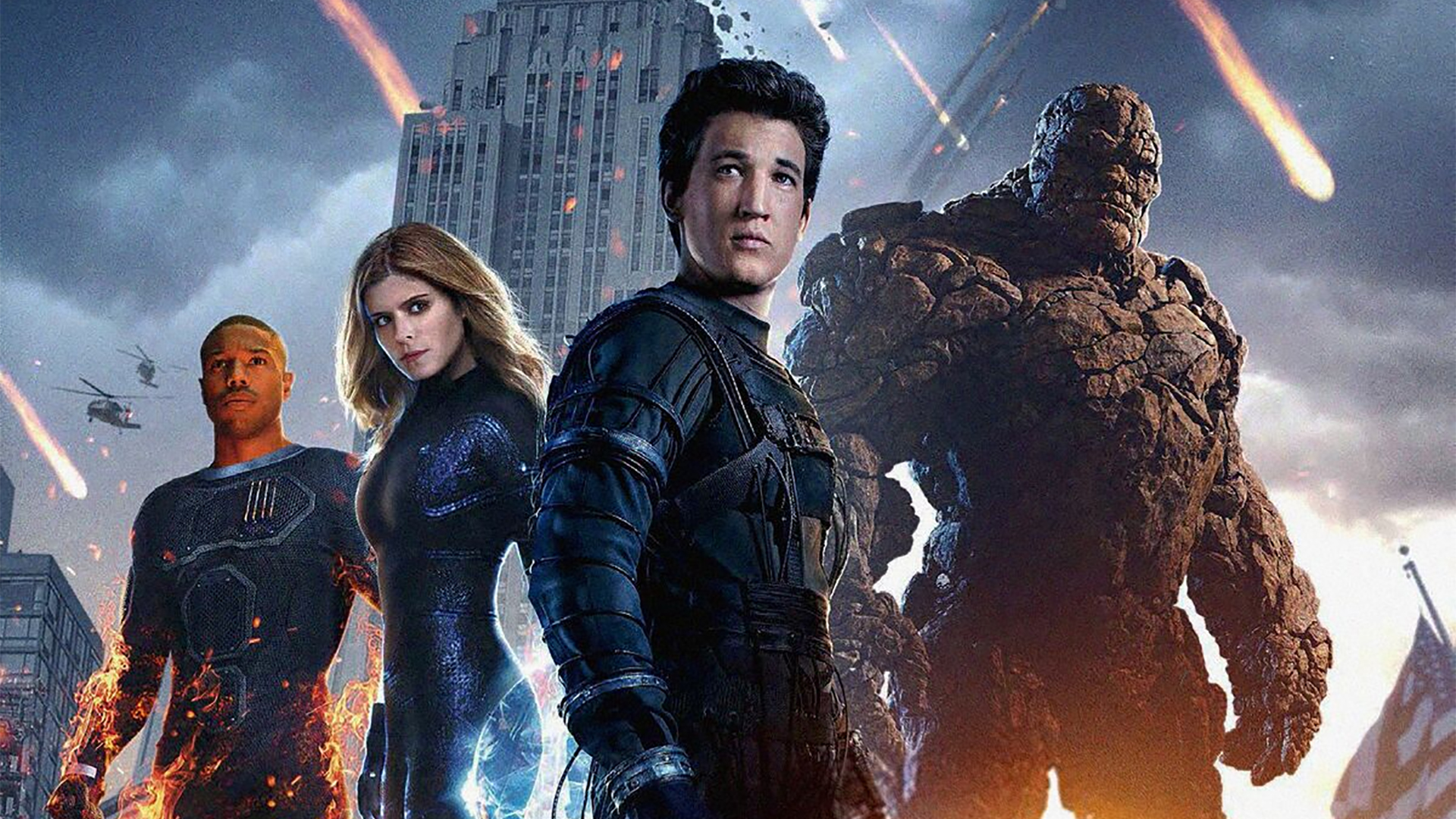 Michael B. Jordan as Human Torch, Kate Mara as Invisible Woman, Miles Teller as Mister Fantastic, and Jamie Bell as The Thing in 2015&#039;s Fantastic Four