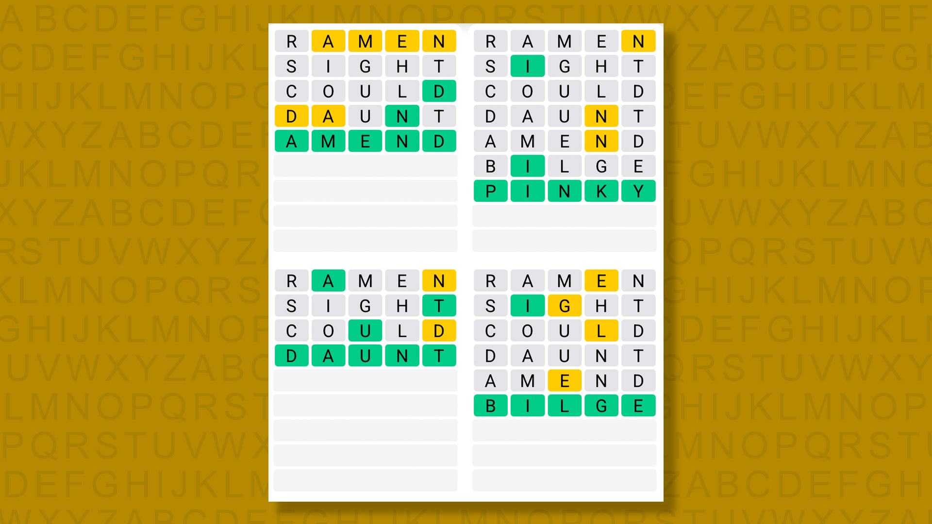 Quordle answers for game 1401 on a yellow background