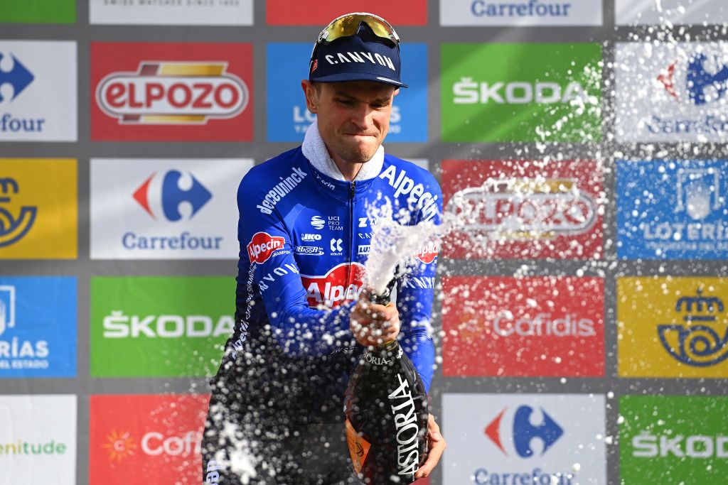 COLLU FANCUAYA SPAIN AUGUST 27 Jay Vine of Australia and Team AlpecinDeceuninck celebrates at podium as stage winner during the 77th Tour of Spain 2022 Stage 8 a 1534km stage from Pola de Laviana to Collu Fancuaya 1084m LaVuelta22 WorldTour on August 27 2022 in Collu Fancuaya Spain Photo by Tim de WaeleGetty Images