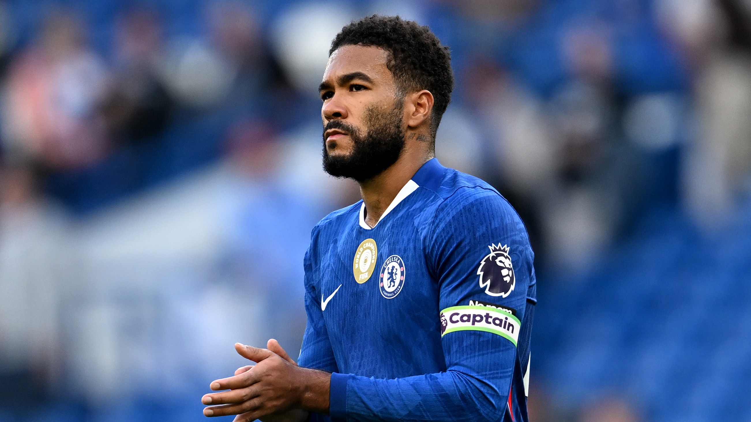 : Reece James of Chelsea acknowledges the fans after his teams defeat during the Premier League match between Chelsea and Brighton & Hove Albion at Stamford Bridge on September 27, 2025 in London, England. 