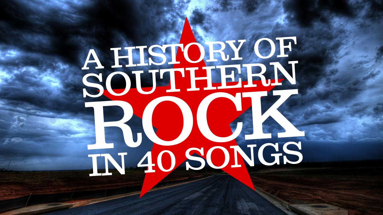 A road beneath a cloudy sky with the words "A History Of Southern Rock in 40 Songs" emblazoned across it