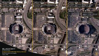 three photos of a stadium and its parking lot from space, showing them filling up ahead of a taylor swift concert