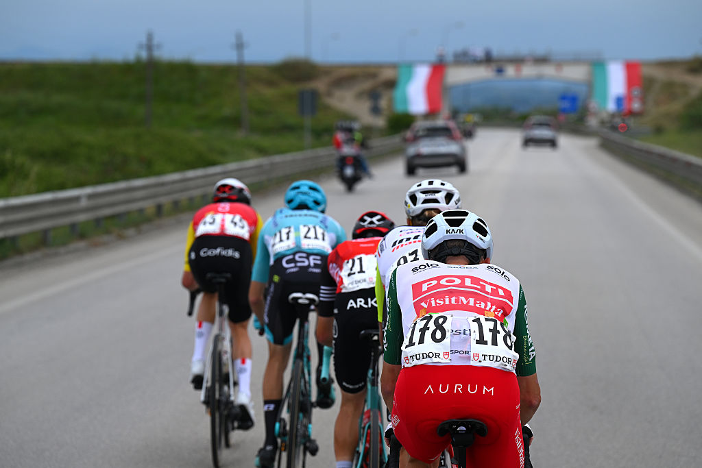 TIRANA ALBANIA MAY 09 Alessandro Verre of Italy and Team Arkea BB Hotels Sylvain Moniquet of Belgium and Team Cofidis Taco Van Der Hoorn of Netherlands and Team Intermarche Wanty Alessandro Tonelli of Italy and Team Polti VisitMalta and Manuele Tarozzi of Italy and Team VF Group Bardiani CSF Faizane compete in the breakaway during the 108th Giro dItalia 2025 Stage 1 a 160km stage from Durres to Tirana UCIWT on May 09 2025 in Tirana Albania Photo by Tim de WaeleGetty Images