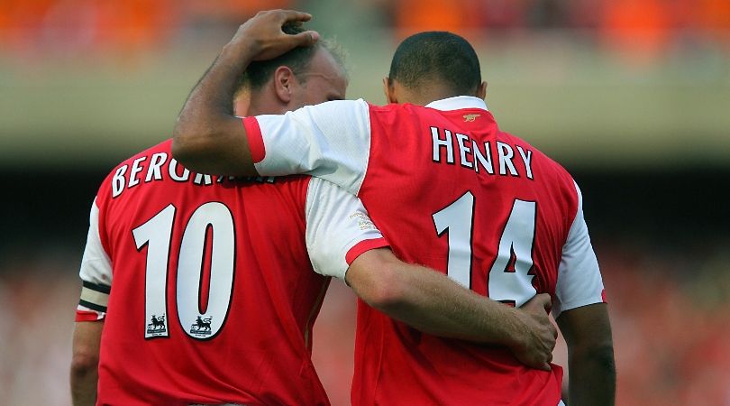 Thierry Henry celebrates with Dennis Bergkamp after scoring against Ajax in the Dutchman&#039;s testimonial match in July 2006.