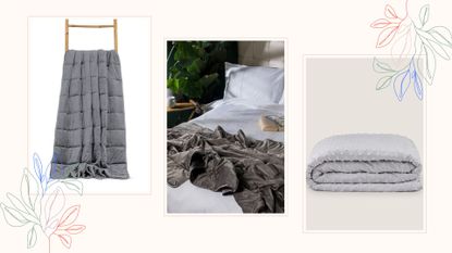 Three gray weighted blankets side-by-side on a beige collage background as featured in woman&home's round up of the best weighted blanket sales in November 2022