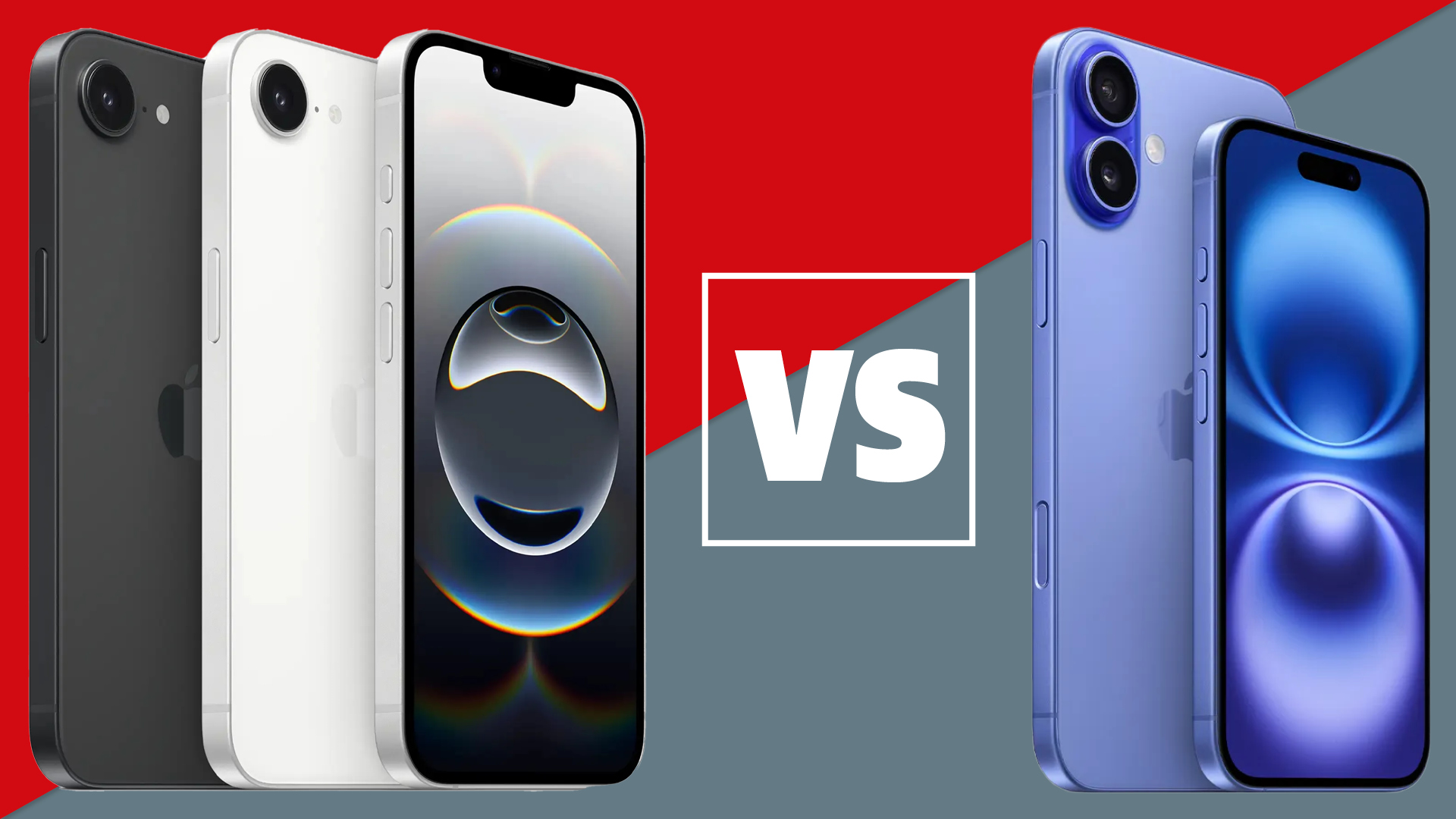 The Apple iPhone 16e and iPhone 16 on a red and grey background with a white versus sign between them.