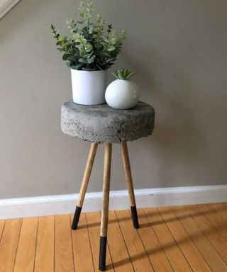 A concrete DIY plant stand with dip painted legs