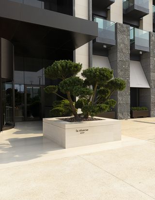 La Réserve entrance area with glenn sestig planters