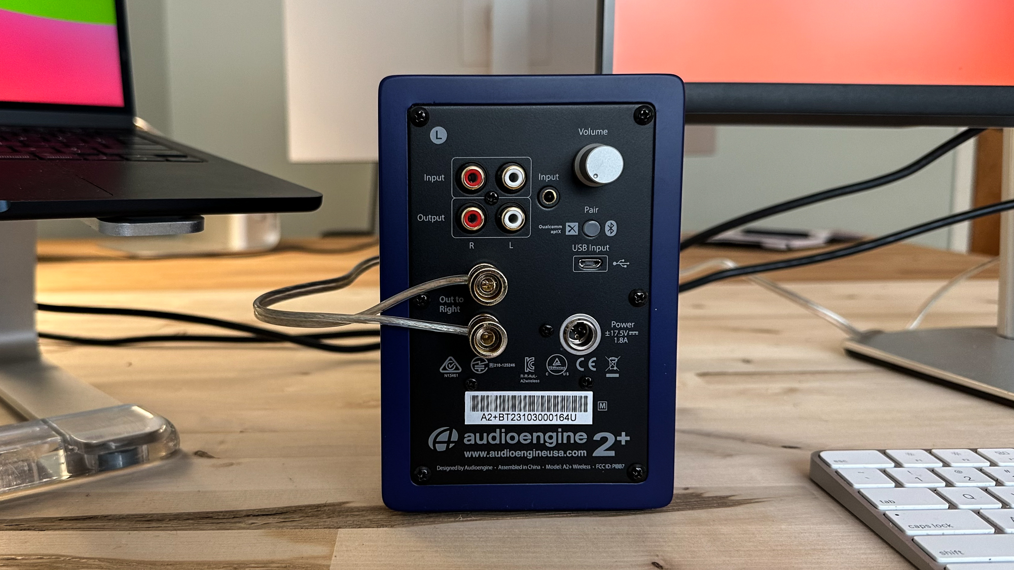 AudioEngine A2+ showing connections on rear of speaker