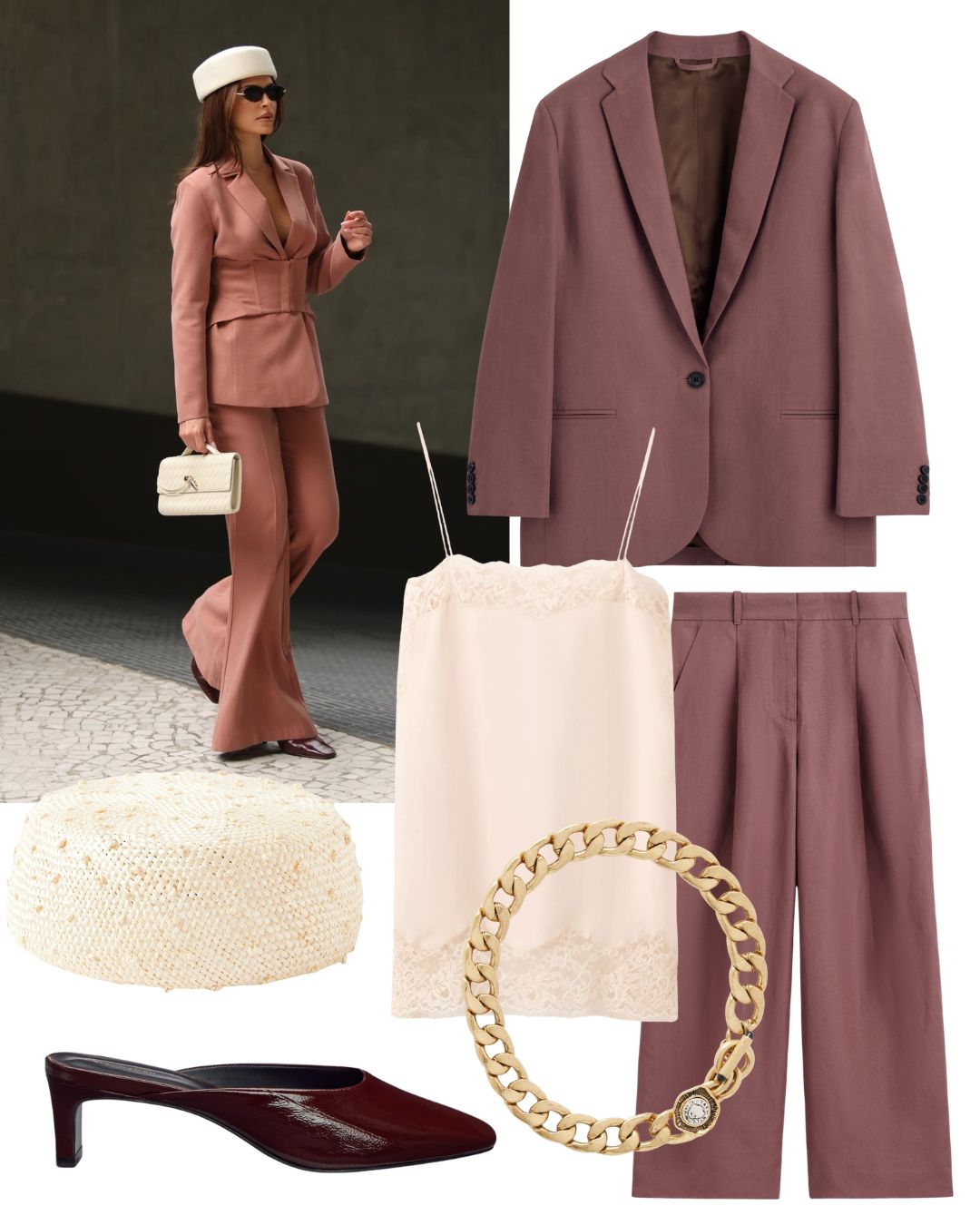 a photo of carol ribeiro wearing a pink trouser suit surrounded by cut-outs of a rust linen blazer, rust linen trousers, lace-trim cami top, gold necklace, mules, and a straw hat