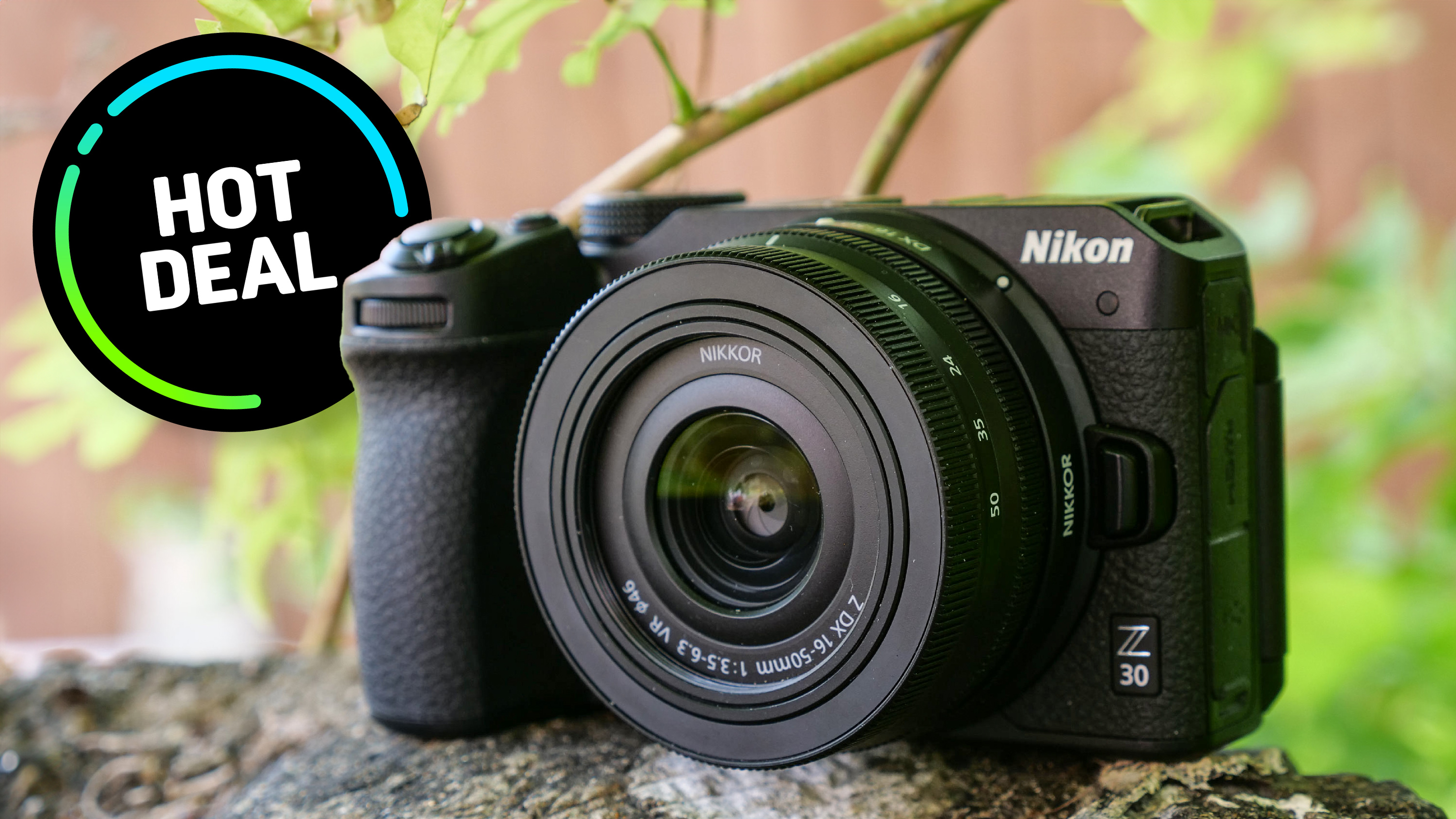 Nikon Z30 on a wall, with a Hot Deal sticker over the image