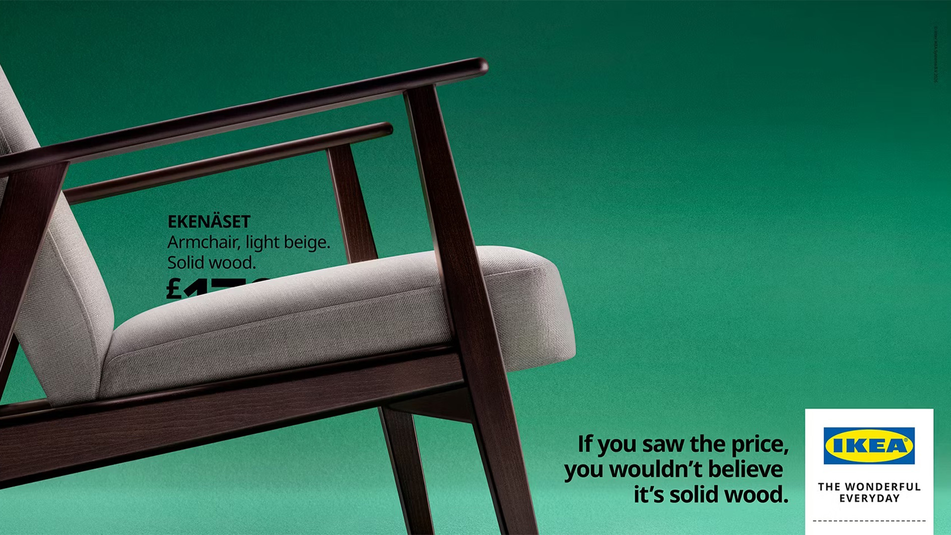 Ikea ad featuring a solid wood armchair with beige cushions