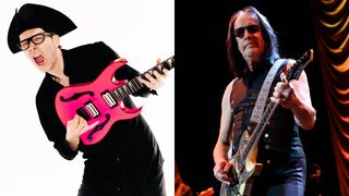 A press shot of Paul Gilbert [left] wearing a tricorn hat and playing a pink Ibanez; Todd Rundgren wears dark shades and performs live in 2021.