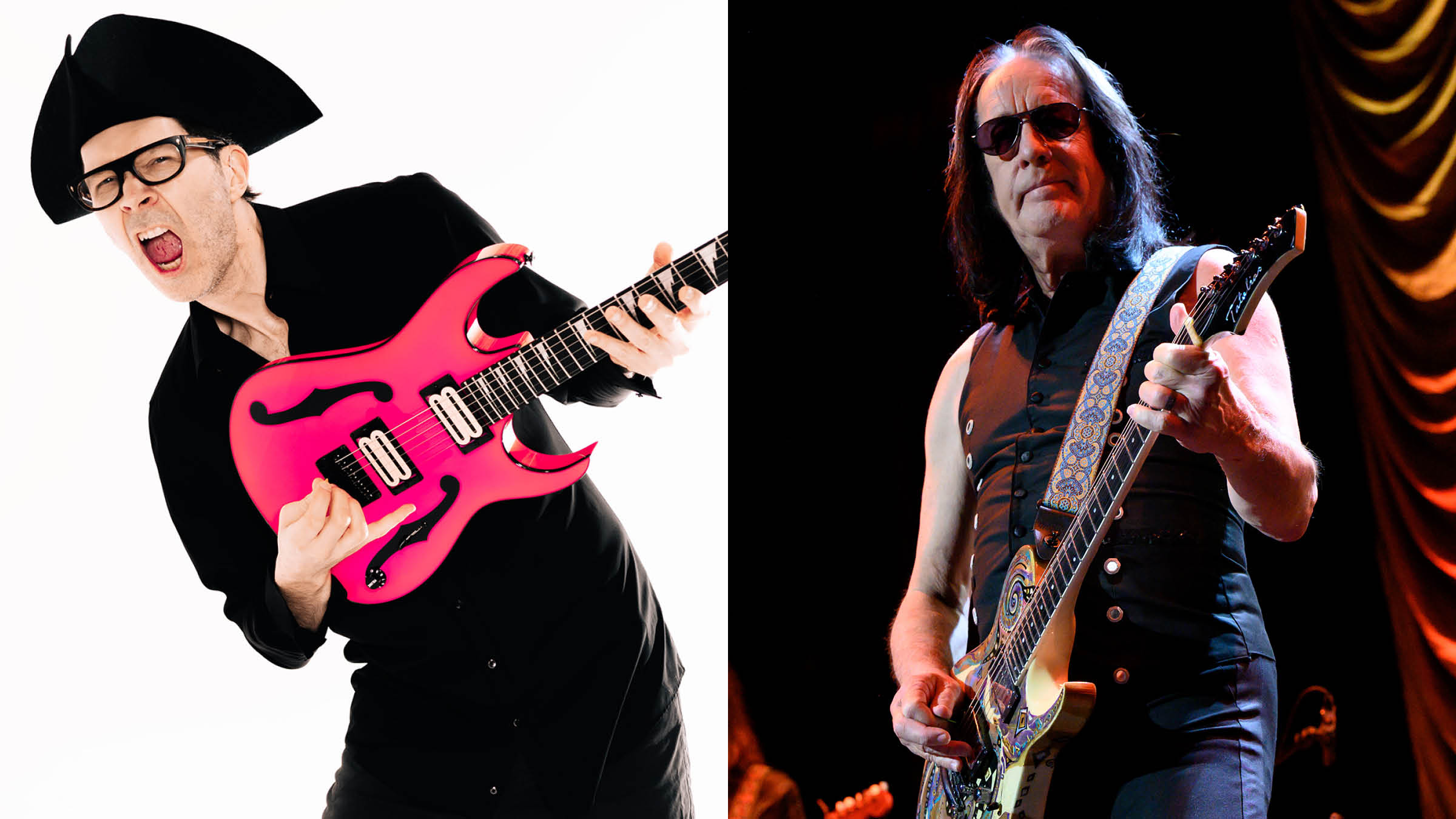 A press shot of Paul Gilbert [left] wearing a tricorn hat and playing a pink Ibanez; Todd Rundgren wears dark shades and performs live in 2021.