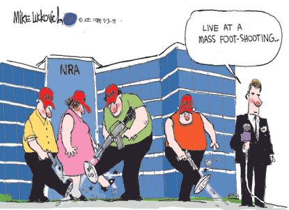 Political Cartoon U.S. NRA mass foot-shooting Oliver North resignation