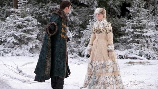 Nicholas Hoult and Elle Fanning looking at each other in Season 3 of The Great.