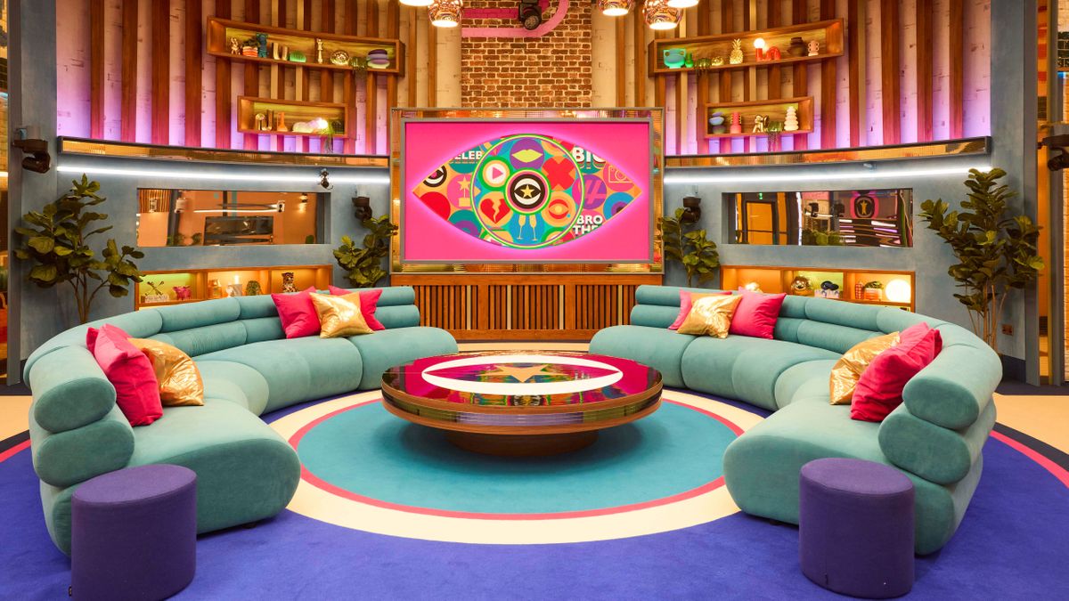 The central TV and sofas from Celebrity Big Brother 2024 house