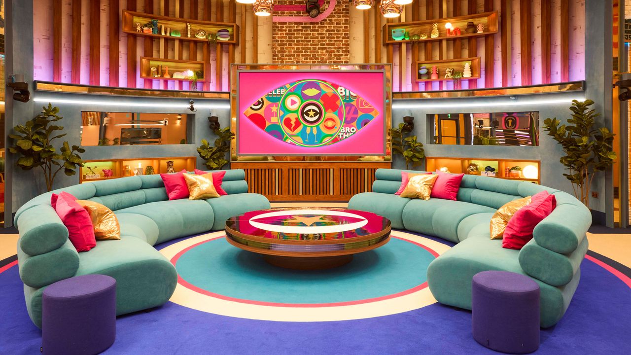 The central TV and sofas from Celebrity Big Brother 2024 house
