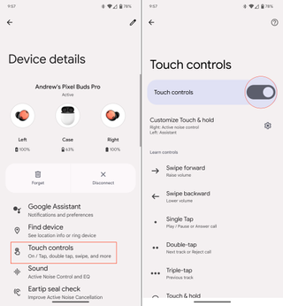 Turning off touch controls on the Pixel Buds Pro through Device Details