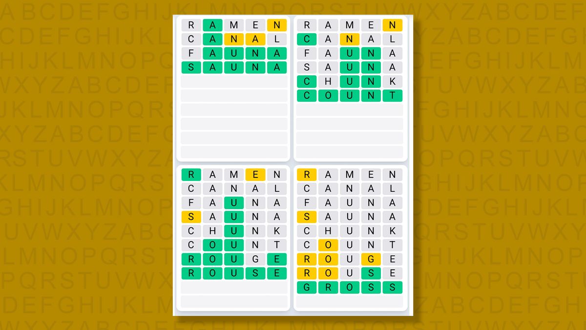 Quordle Daily Sequence answers for game 1572 on a yellow background