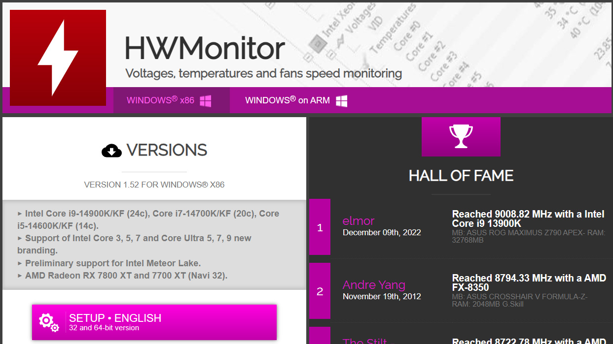 Веб-сайт CPUID HWMonitor со ссылкой для скачивания