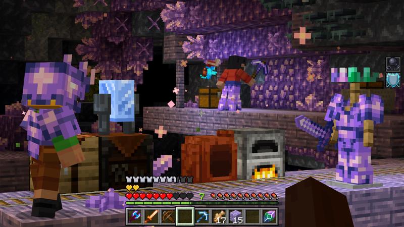 Minecraft players in purple armor, exploring and mining inside an Amethyst biome, surrounded by glowing crystals.