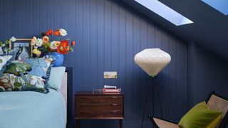 Night sky blue painted bedroom to support 2023 paint color trends