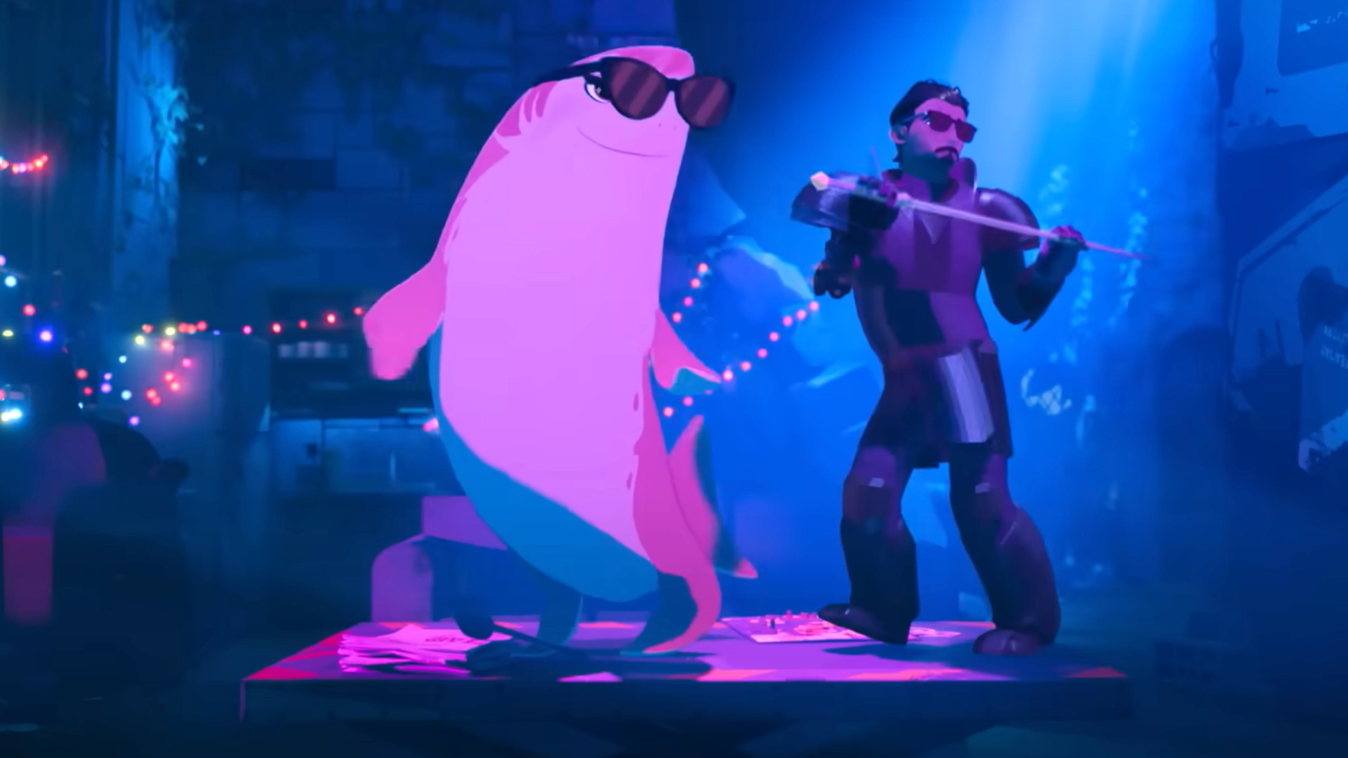 A man dancing with a pink shark during the Netflix movie Nimona.