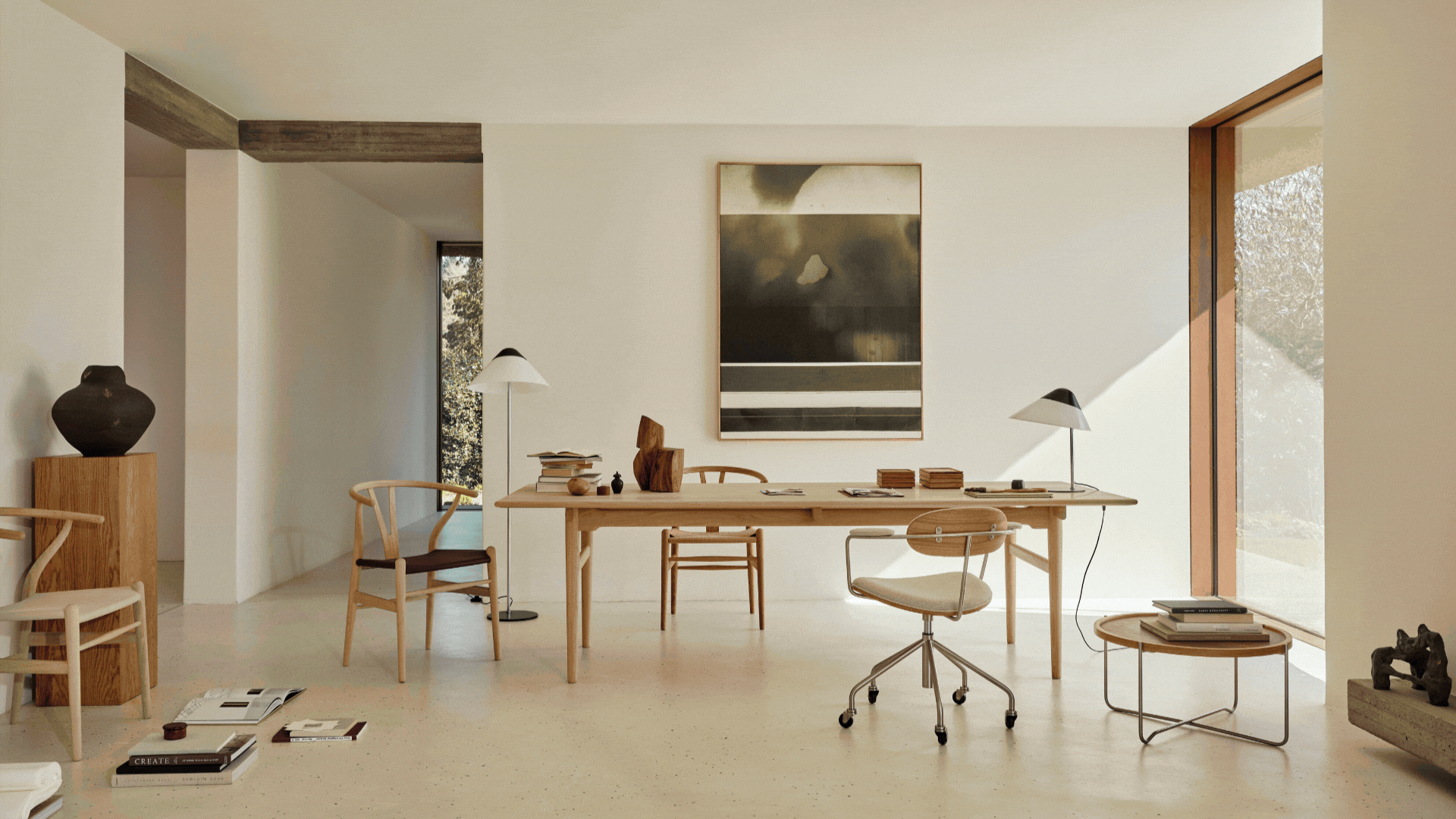 Rotating GIF of four images showing different parts of the Carl Hansen & S&oslash;n brand. There is a picture of the furniture in a room, the wishbone chair in the factory, and an old image of the family