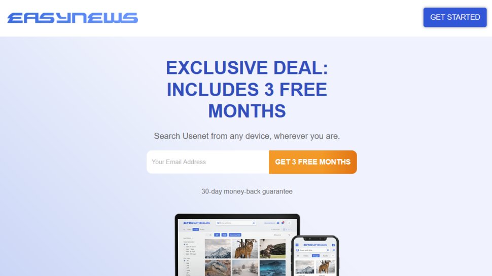Easynews website screenshot (August 2025).