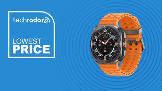 The Samsung Galaxy Watch Ultra on a blue background with text saying Lowest Price.