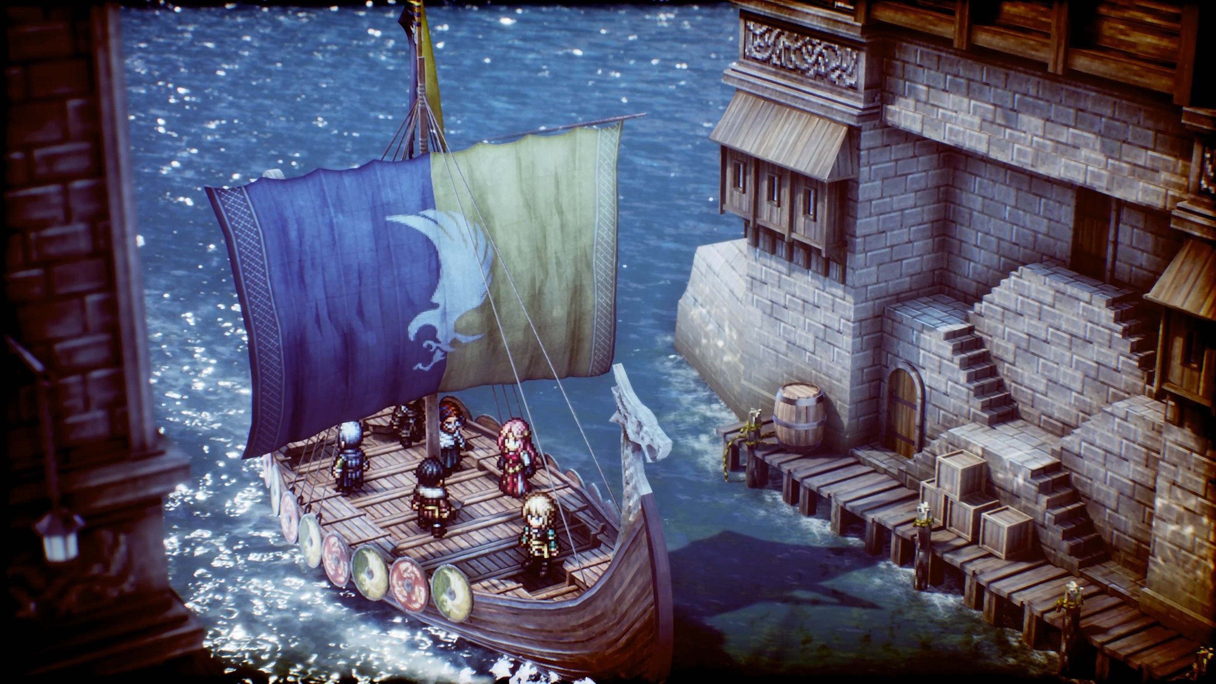 Promotional screenshot of a player&#039;s party riding a boat in Triangle Strategy