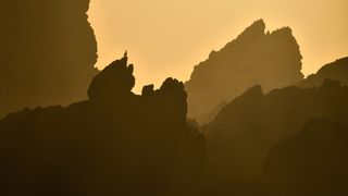 Silhouettes of jagged rocks and perched birds against a golden, misty sky at sunrise or sunset.
