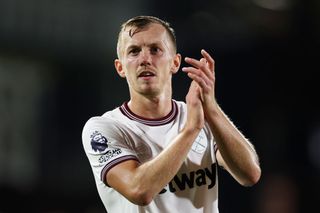James Ward-Prowse of West Ham United applauds the fans after the Premier League match between Luton Town and West Ham United at Kenilworth Road on September 01, 2023 in Luton, England.