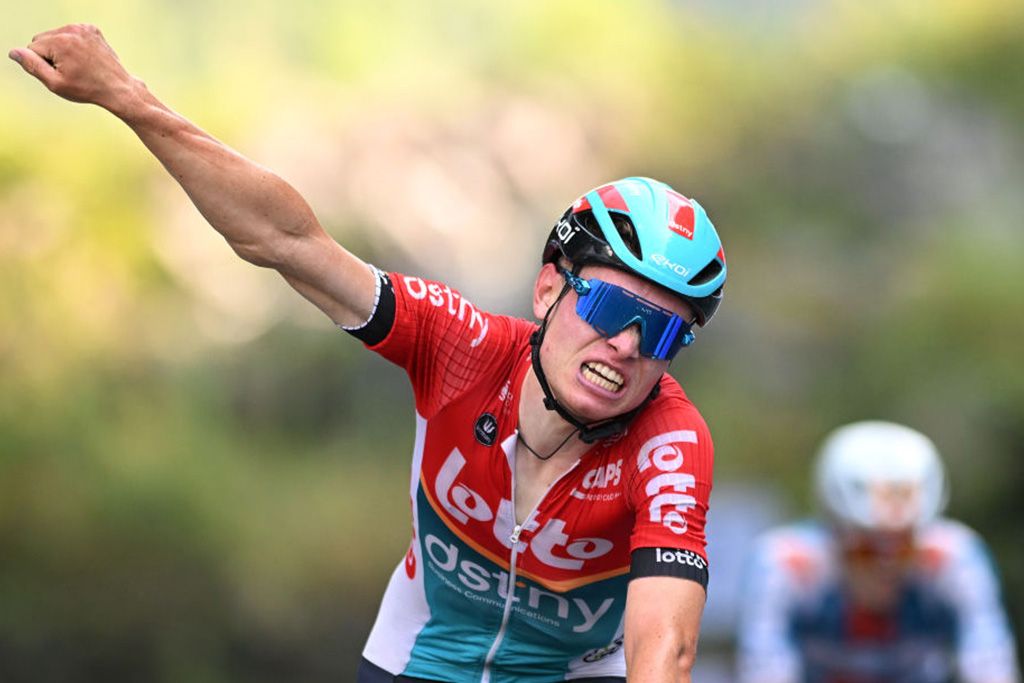 Lennert Van Eetvelt of Belgium and Team Lotto Dstny celebrates at finish line as stage winner during the 5th Gree-Tour Of Guangxi 2024, Stage 5 a 165.8km stage from Yizhou to Nongla 641m / #UCIWT / on October 19, 2024 in Nongla, China. (Photo by Dario Belingheri/Getty Images)