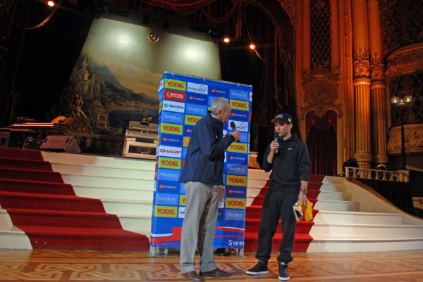Mark Cavendish with Hugh Porter in the ballroom