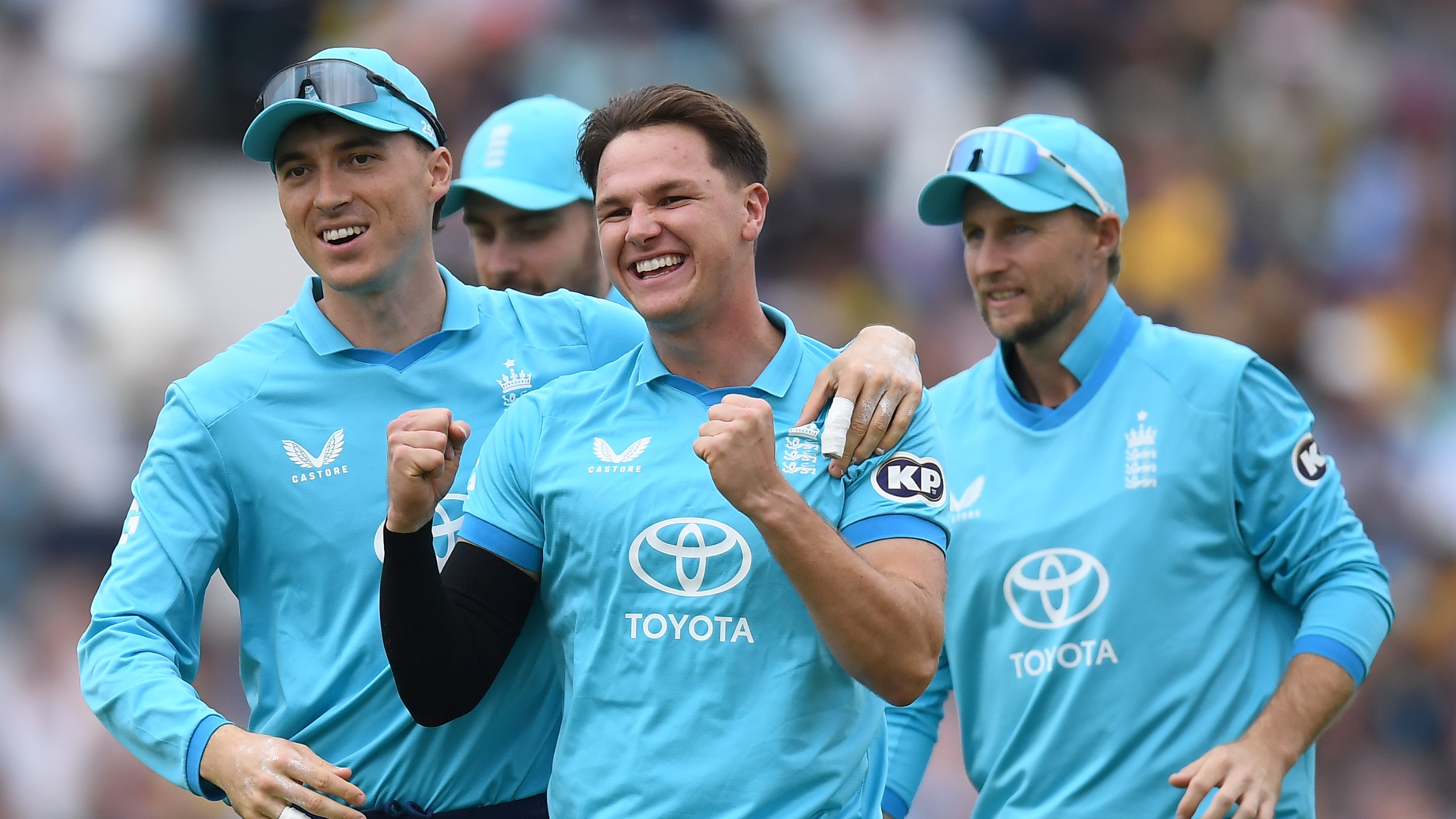  Sonny Baker of England celebrates after dismissing Pathum Nissanka during the 3rd Metro Bank ODI between England and Sri Lanka