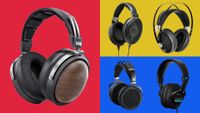 A selection of the best budget audiophile headphones, on different coloured panels. 