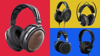 A selection of the best budget audiophile headphones, on different coloured panels. 