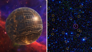 (Left) an illustration of a Dyson sphere (Right) A portion of the all-sky survey from NASA’s Wide-field Infrared Survey Explorer, or WISE. It highlights the first of about 1,000 hot DOGs found by the mission