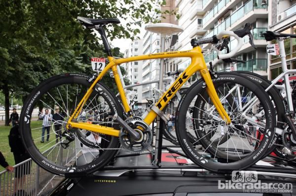 The Trek Domane 6-Series of prologue winner Fabian Cancellara (Radioshack-Nissan) arrives at the start of Stage 1 in Liege, Belgium. The rest of the team was on the new Madone.