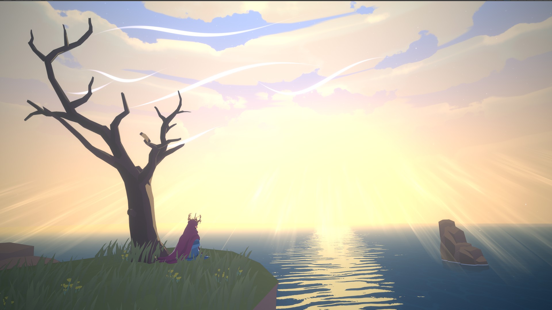 Looking out across the sea near a dead tree in Demi and the Fractured Dream