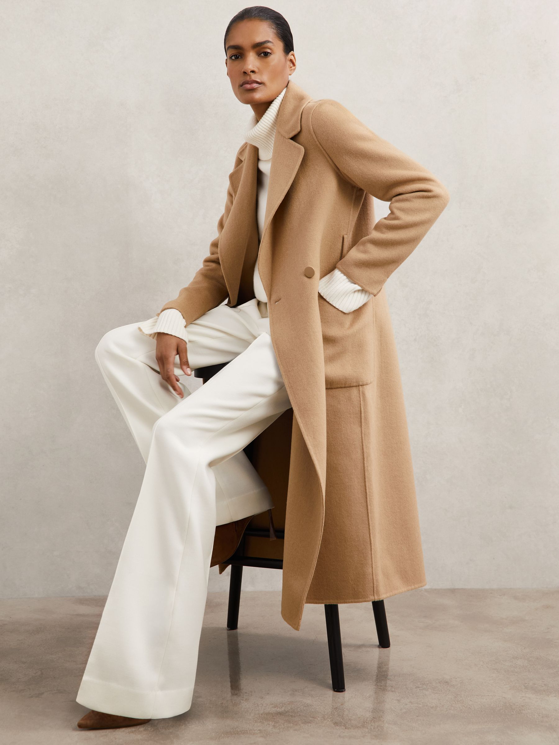 Double-Breasted Blindseam Coat Wool-Blend in Camel
