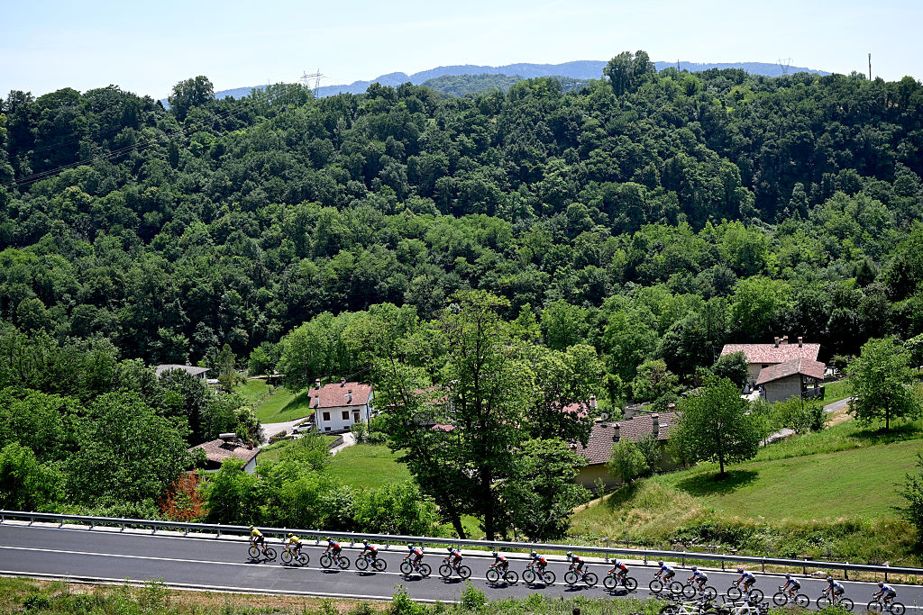 PIANCAVALLO, ITALY - MAY 30: A general view of the peloton passing through a landscape during the 109th Giro d&amp;amp;apos;Italia 2026, Stage 20 a 200km stage from Gemona del Friuli to Piancavallo 1289m / #UCIWT / on May 30, 2026 in Piancavallo, Italy. (Photo by Tim de Waele/Getty Images)