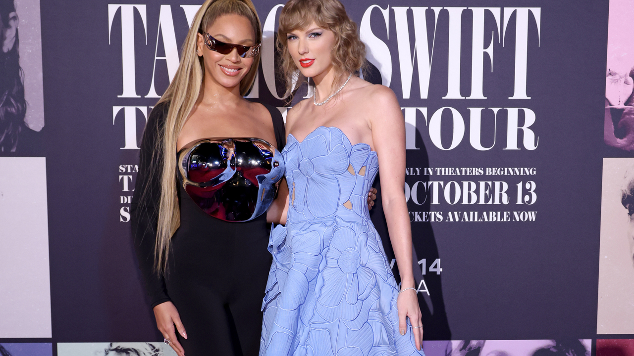 Beyoncé Knowles-Carter and Taylor Swift attend the &quot;Taylor Swift: The Eras Tour&quot; Concert Movie World Premiere at AMC The Grove 14 on October 11, 2023 in Los Angeles, California.